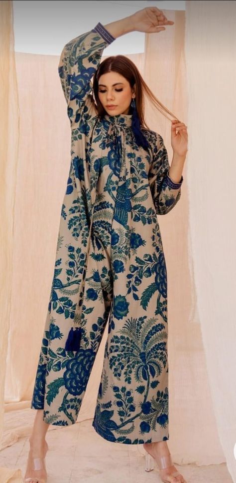 High Neck Jumpsuit, Linen Style Fashion, Co Ords Outfits, Floral Frocks, Frock Fashion, Jumpsuit For Women, Floral Print Jumpsuit, Indian Prints, Print Jumpsuit