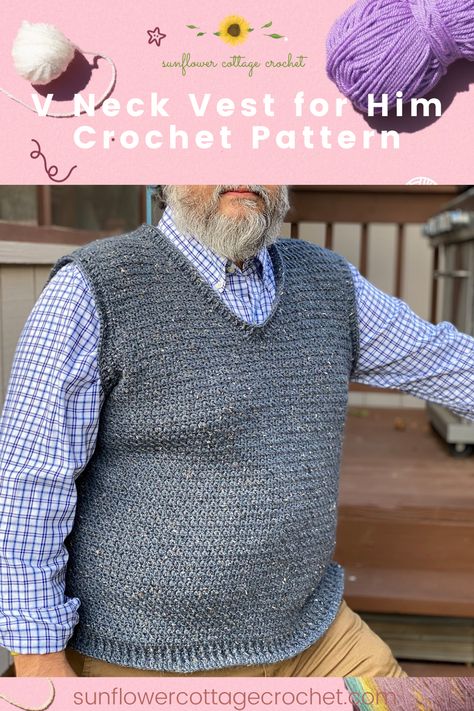 A perfectly textured V Neck Sweater Vest for men. The Nicholas Vest is easier to make than it looks and is written for sizes small-4XL! Crochet Sweater Vest Pattern Free Men, Mens Crochet Vest Pattern Free, Mens Crochet Vest Pattern, Mens Crochet Vest, Crochet Mens Vest, Crochet Sweater Vest Men, Crochet Vest For Men, Crochet Vest Men, Crochet Mens Sweater Vest