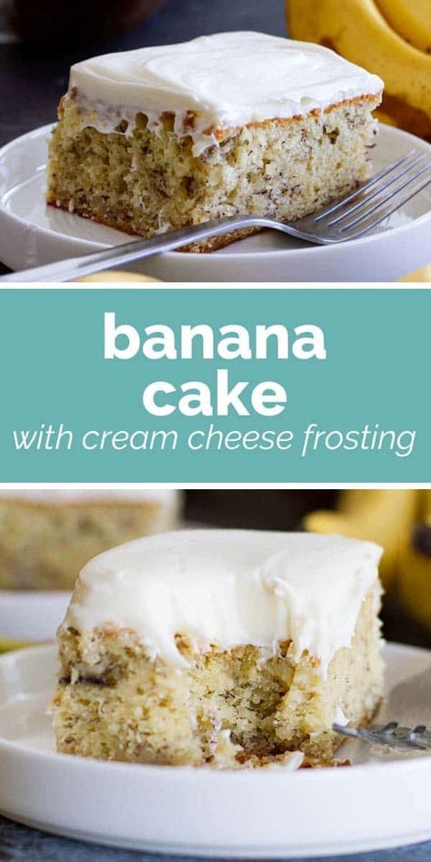 Next time you find yourself with overripe bananas, try this Banana Cake with Cream Cheese Frosting for something different than banana bread. A moist, flavorful banana cake is topped with cream cheese frosting for a dessert that is simple yet irresistible. #recipe #cake #banana #dessert #baking Amazing Banana Bread, Banana Bread Cake, Cake Banana, Banana Dessert Recipes, Recipe Cake, Banana Cake Recipe, Cake With Cream Cheese Frosting, Banana Dessert, Overripe Bananas