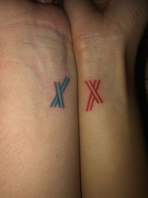 Darling In The Franxx Tattoo Ideas, Zerotwo Tattoo, Zero Two Tattoo Ideas, Matching Anime Couple Tattoos, Anime Couple Tattoos, Darling In The Franxx Tattoo, Mini Anime Tattoos, Minimalistic Anime Tattoo, Darling Tattoo