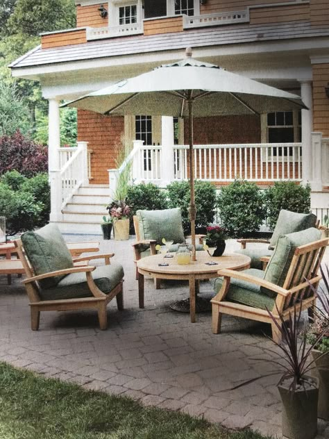 Wood Chip Patio Backyards, New England Outdoor Patio, Cottage Outdoor Seating, Cottage Backyard Patio, Front Yard Lounge Area, New England Patio, Backyard Pool And Patio Ideas, Design Patio Ideas, Dream Backyard Patio