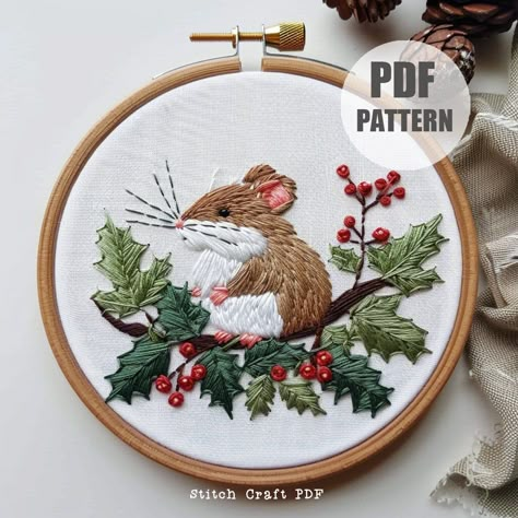 Christmas Mouse Hand Embroidery Pattern, Mouse with Holly berries, Cute Winter Mouse, Christmas Embroidery Pattern, Hand Embroidery pattern by StitchCraftPDF on Etsy Christmas Hand Embroidery Designs, Winter Embroidery Patterns, Holly Embroidery, Pdf Pattern Embroidery, Pattern Embroidery Design, Christmas Hand Embroidery, Mouse Embroidery, Winter Embroidery, Christmas Embroidery Patterns