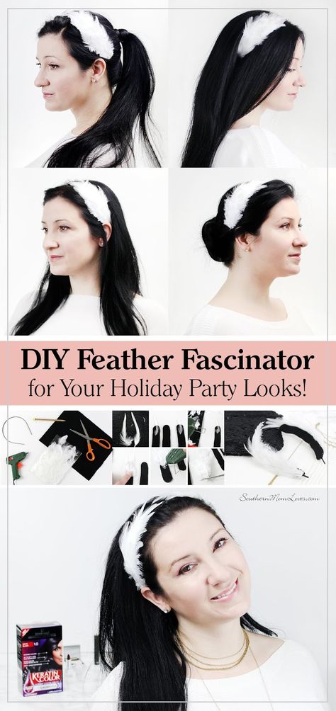 The holiday party season is coming up and I've got a fabulous accessory for just about any hairstyle and it's also easy to make: a DIY Feather Fascinator! This chic hair accessory is attached to a headband that blends in with your hair color. I went with a winter white to contrast my freshly-hued #KeratinKBondPlex hair but there are lots of feather colors to go with all of your holiday looks. [ad] #KeratinColorAtWalmart @Walmart #hair #DIY Diy Feather Headband, Holiday Party Looks, Diy Fascinator, Feather Hair Pieces, Hair Accessories Diy, Diy Feather, Headpiece Diy, Chic Hair, Hair Diy