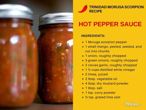 Trinidad Moruga scorpion pepper hot sauce recipe Scorpion Pepper Salsa, Scorpion Pepper Hot Sauce Recipe, Trinidad Hot Pepper Sauce, Trinidad Scorpion Pepper Recipes, Trinidad Scorpion Pepper Hot Sauce, Scorpion Pepper Recipes, Scorpion Pepper Hot Sauce, Hot Sauce Recipe, Hot Head