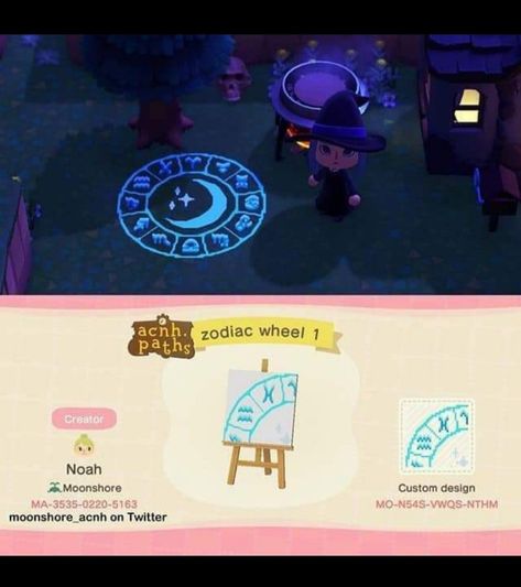 Acnh Witch Path Designs, Animal Crossing Online, Animal Crossing Custom Design, Acnh Pathways, Acnh Halloween Code, Acnh Path, Cottagecore Animal Crossing, Zodiac Circle, Dinosaur Dig