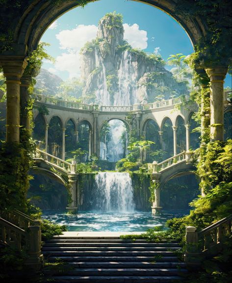 Fantasy Waterfall City, Star Wars Scenery, Natural Amphitheater, Waterfall City, Villa Del Balbianello, Italy Villa, My Fantasy World, Fantasy House, Fantasy City