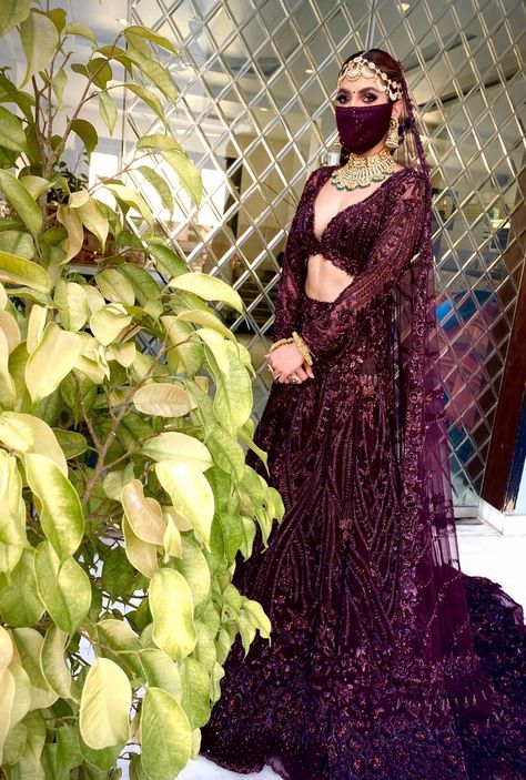 Purple Lengha Bridal, Dark Purple Lengha, Dark Purple Wedding Dress, Purple Lengha, Dark Purple Wedding, Bridal Lengha, Bridal Mask, Purple Wedding Dress, Pakistani Style