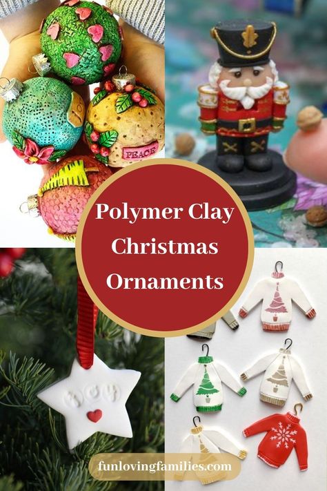 Sculpt Clay Christmas Ornaments, How To Make Clay Ornaments Diy Christmas, How To Make Polymer Clay Ornaments, Easy Polymer Clay Christmas Ornaments, Clay Xmas Decorations Diy, Polymer Clay Ornaments Christmas Diy, Christmas Decorations Polymer Clay, Polymer Clay Tree Ornaments, Polymer Clay Family Ornaments