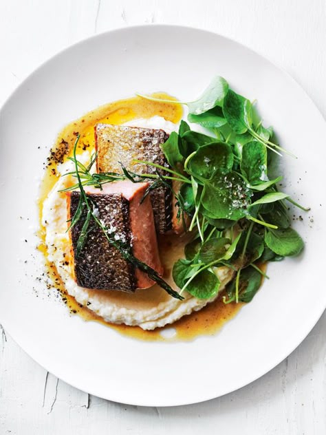 Crispy Skin Salmon With Tarragon Brown Butter And Celeriac Almond Puree | Donna Hay Crispy Skin Salmon, Gourmet Food Plating, Salmon Fillet, Decorações Com Comidas, Donna Hay, Fine Dining Recipes, Munnar, Pureed Food Recipes, Fish And Chips