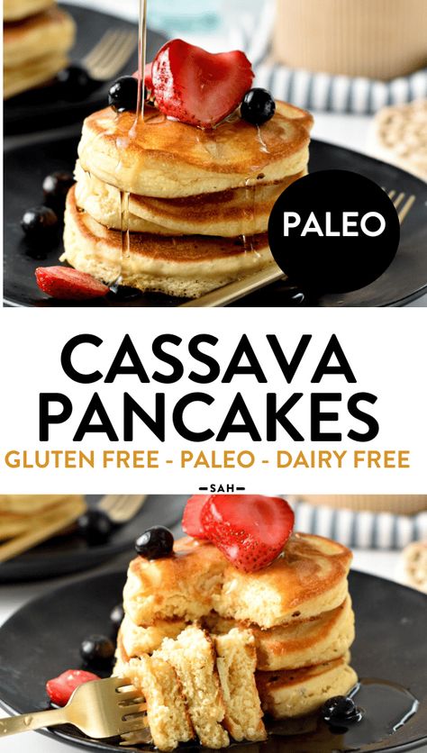 These Cassava Flour Pancakes are the best grain-free paleo friendly pancakes for week-end breakfast. Plus, they are dairy-free and gluten-free pancakes too so ideal to share with the whole family. Aip Pancakes Egg Free, Autoimmune Breakfast, Aip Pancakes, Cassava Pancakes, Cassava Flour Pancakes, Quick Clean Eating Recipes, Cassava Flour Recipes, Grain Free Pancakes, Inflammation Recipes