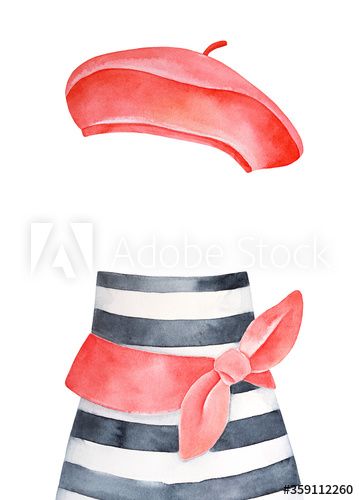 Watercolour set of bright red french beret, black and white striped t-shirt and cute knotted scarf. Hand drawn water color stylized drawing, isolated clipart for design, banner, creative composition. #AD , #striped, #white, #black, #knotted, #cute Stylized Drawing, Creative Composition, French Scarf, Beret Black, Red French, French Beret, Beret Hat, Striped T Shirt, Watercolor Drawing