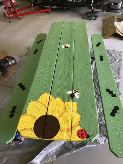 Painted Picnic Table, Painted Picnic Tables, Picnic Table Makeover, Diy Picnic Table, Kids Picnic Table, Table Picnic, Kids Picnic, Table Makeover, Painted Chairs