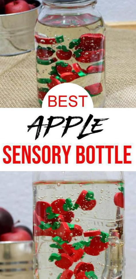 FALL Crafts for kids! Fun apple sensory bottle that babies, toddlers, kids & children love. EASY to make sensory bottle. Homemade DIY sensory bottles w/ this apple craft projects. Discovery bottles that are great for all ages. If you are looking for calm down jars then check out this DIY craft. Super easy, fun & coolest sensory bottles #diy #crafts Toddler Apple Crafts, Sensory Bottle Ideas, Apple Sensory, Diy Sensory Bottles, Sensory Bottles For Toddlers, Sensory Bottles Preschool, Calming Jar, Calm Down Jar, Preschool Apple Theme