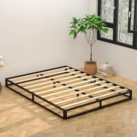 Hokku Designs Iasmina 6" Metal Platform Bed frame with Wood Slat Support Mattress Foundation & Reviews | Wayfair Cool Bed Frames, Vegas House, Box Bed Design, Steel Bed Frame, Metal Platform Bed Frame, Bed Frame Design, Steel Bed, Spring Mattress, Twin Bed Frame