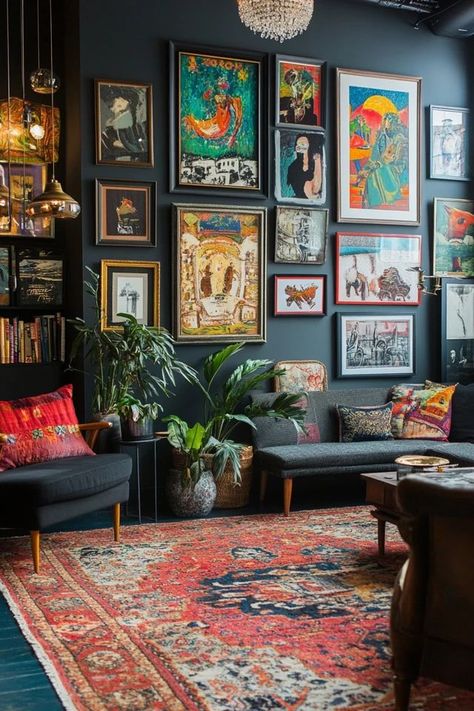 "Elevate your home decor with a Maximalist Art Gallery Wall! 🎨🖼️ This design trend is all about embracing bold colors, eclectic art, and a mix of styles for a truly personalized space. 🌟✨ #MaximalistDesign #GalleryWallDecor #CreativeSpaces" Many Paintings On Wall, Home Design Maximalist, Masculine Maximalist Decor, Travel Prints Gallery Wall, Art In Homes Interior Design, Maximalist Art Wall, Edgy Art Aesthetic, Minimalist Maximalist Decor, Eclectic Wall Gallery