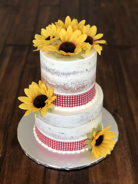 This two-tiered semi-naked cake was for a retirement celebration! 🌻❤️ Red gingham ribbon and sunflowers. Taste and see that the Lord is good! Thanks for choosing Cristin’s Cake Creations for your custom cake order! Babyque Cake, Bbq Gender Reveal Cake, Cakes For Bbq Party, Baby Q Cake Ideas, Baby Q Cupcakes, Bbq Theme Cake, Bbq Cake Ideas, I Do Bbq Cake, Bbq Baby Shower Cake