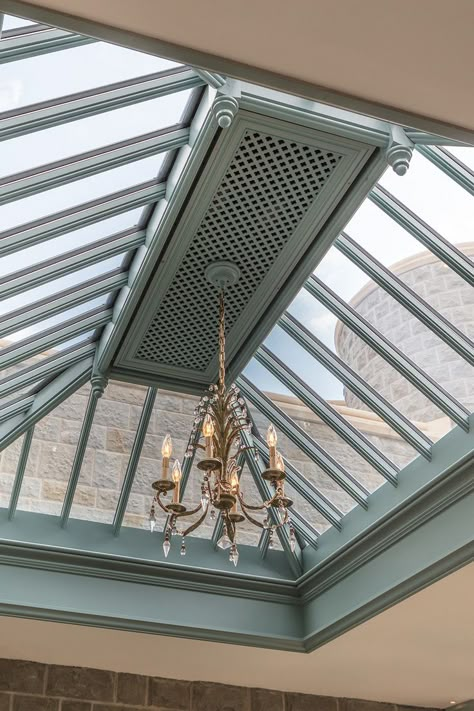 Large rectangular rooflight with lattice ceiling beneath a rising ventilating canopy Home Skylight, Lattice Ceiling, Lantern Roof, Extension Veranda, Tubular Skylights, Conservatory Design, Roof Skylight, Skylight Design, Conservatory Roof