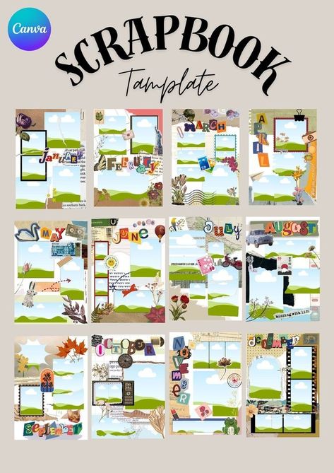 Scrapbook Journal Template, Picture Layout Design Templates, Scrapbook Story Ideas, Canva Journal Template, Scrapbook Yearbook Ideas, Canva Scrapbook Ideas, Canva Journal Ideas, Scrapbook Pubmat, Scrapbook Inspo Pictures