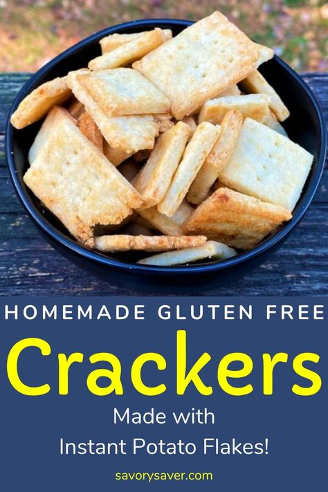 This recipe for homemade Gluten Free Crackers uses an unusual ingredient….Instant potato flakes. Use your favorite gluten free flavor of instant potatoes, butter and Bob’s Red Mill for this easy recipe idea. Gluten Free Cracker Recipe, Allergy Friendly Snacks, Homemade Crackers Recipe, Nut Free Snacks, Cracker Recipe, Gluten Free Snack, Instant Potatoes, Instant Mashed Potatoes, Gluten Free Crackers