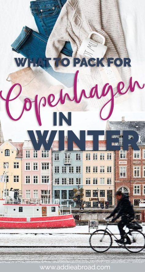 If you don't want to freeze when you visit Copenhagen in winter, then you NEED this packing list for Copenhagen in winter. Click here for the ultimate Copenhagen packing list for winter. #travel #europe Copenhagen Packing List, Pack For Europe In Winter, Winter Copenhagen, Copenhagen In Winter, Pack For Europe, Visit Copenhagen, Europe In Winter, Copenhagen Travel, Packing For Europe