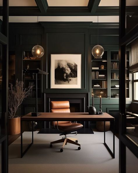 Home Office Dark, Masculine Home Office, Green Walls, Home Office Setup, Decoration Inspiration, Home Office Space, Office Room, Office Inspiration, Office Interior Design