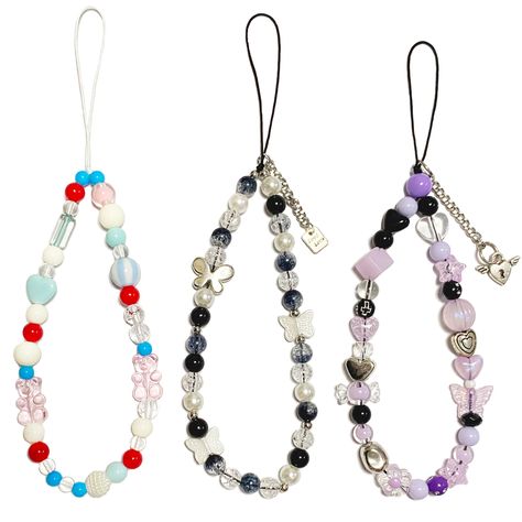 PRICES MAY VARY. SIZE:185mm(7.28inch) Package:1pcs black and white beads butterfly phone charm,1pcs purple beads butterfly flower phone lanyard and 1pcs red and blue beads bear beaded phone charm(each one is different but similar). MATERIALS:The phone charm is made with resin,zinc alloy,acrylic and ceramic artificial beads+pearls, and beaded with a strong rope.Anti-fall and scratch resistant. MULTIFUNCTIONS:Beaded phone chain strap can be attached to any phone case or decorate your backpack,came Phone Charms Ideas, Cute Phone Charms, Charm Aesthetic, Beaded Mobile, Beads Butterfly, Charm Necklace Diy, Backpack Charms, Camera Purse, Phone Case Holder