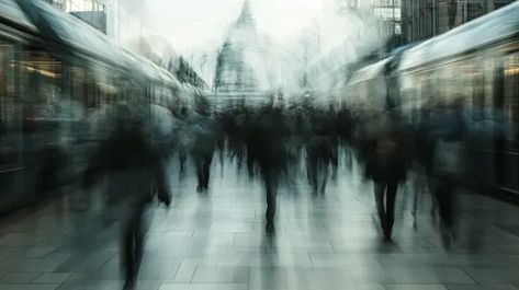 ↑↑↑ Larger size on website 🔸 The image is a blurry, abstract depiction of a city scene. A crowd of people is walking on a tiled s Crowds Photography, Blurry City, Crowd Of People Walking, City Environment, A Crowd Of People, Crowd Of People, Photography Assignments, Walking City, Blue Filter