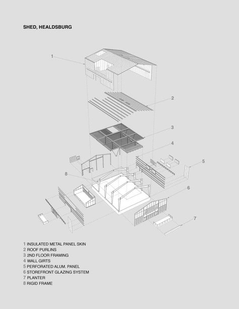 healdsburg_shed_case_study_structure_preengineered_metal_building_diagram_systems Structure Analysis Architecture, Steel Structure Architecture, System Architecture Diagram, Building Diagram, Architect Aesthetic, Exploded Axonometric, Chest Tattoo Ideas Female, Warehouse Architecture, Sectional Perspective