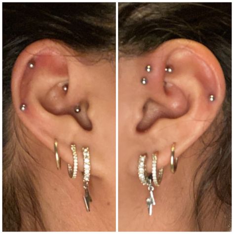 Left Vs Right Ear Piercings, Left And Right Ear Piercing Ideas, Ear Piercings Left And Right, Right And Left Ear Piercings, Left And Right Ear Piercings, Symmetrical Ear Piercings, Middle Ear Piercing Stud, Ear Scape Ideas Silver, Ear Piercings Placement Chart Society6