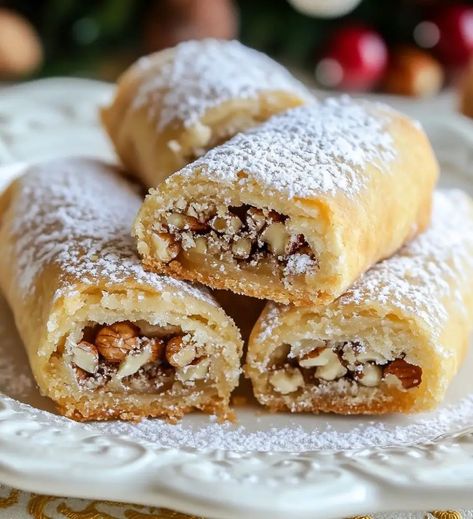 Italian Nut Roll Cookies Biscuits Sweet Desserts, Italian Nut Horn Cookies, Italian Nut Rolls/cookies, Italian Nut Roll Recipe, Mini Nut Rolls, Walnut Filled Cookies, Kolacky Cookies Nut Filling, Parisian Wafer Cookies, Puff Pastry Nut Rolls