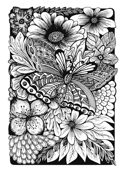 Hard Mandala Art, Vignette Drawing, Stilasi Flora, Pen Art Butterfly, Mushroom And Floral Drawing, Mandala Art In Butterfly, Neurographic Art Butterfly, Nature Mandalas Coloring Book, Ink Doodles