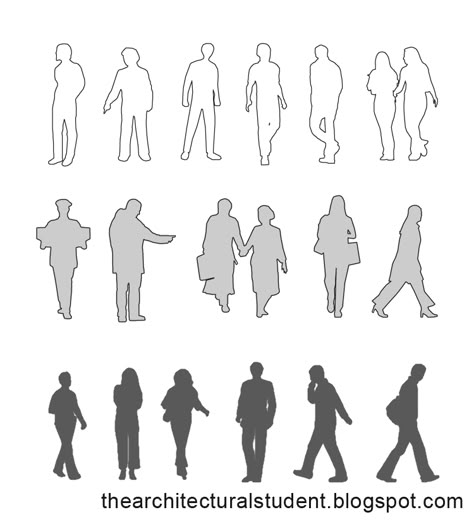 Learn how to get scale people into your renderings and the different methods when showing occupancy within your renderings. Human Figure Photoshop, Architectural People, Architectural Student, Silhouette Drawings, Architecture Scale, Human Png, Figure Silhouette, Figures Drawing, Person Silhouette