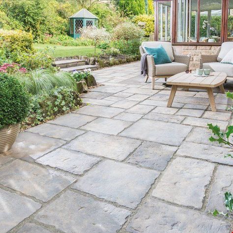 Garden Covered Area, Country Cottage Backyard, Outside Tiles Outdoor Spaces, Backyard Ideas Where Grass Wont Grow, Garden Slab Ideas, Garden Slabs Ideas, Backyard Stone Patio Ideas, Garden Tiles Ideas, Garden Tiles Outdoor