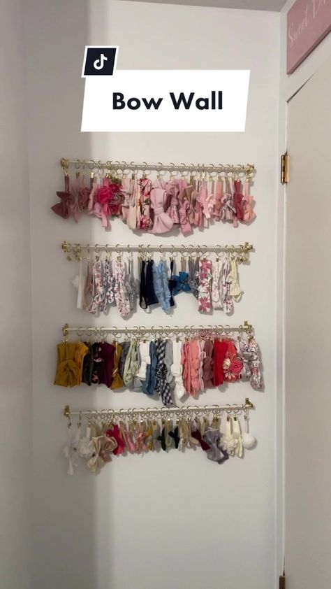 I asked my husband if we could make baby girl a bow wall… and baby girl got her #bowwall I love it 😍 Now I can see all her bows 🎀 #diy Diy Bow Hanger, Bow Hanging Ideas, Hanging Bows In Nursery, Diy Baby Bow Holder, Baby Girl Bow Storage, Bow Organizer Nursery, Baby Bow Storage, Bow Hanger Diy, Girl Bow Organizer