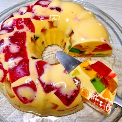 I've used pineapple, orange, raspberry, greengage, and granadilla jelly flavours. Milk Jelly, Jelly Sweets, Jelly Desserts, Cathedral Window, Food Gallery, Tres Leches, Ramadan Recipes, Food Decoration, Pineapple Juice