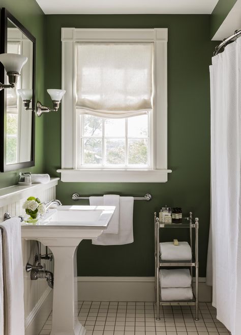 Calke Green by Farrow and Ball. Roman shades. | Save Water & Money with Every Flush!™ | https://ToiletSaver.com | Toilet Saver is a simple, inexpensive, ingenious product that reduces the amount of water and money that toilets waste with every flush. | Installs in minutes & does not affect the flush! | Less than $4 per toilet! | #SaveWater #SaveMoney Green Bathroom Colors, Calke Green, Design Interior Baie, Makeover Kamar Mandi, Green Bathroom Decor, Bathroom Decor Colors, Decor Color Schemes, Bathroom Color Schemes, Downstairs Loo