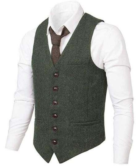 Single-breasted vest design V-Neck 6 buttons 2 real side pockets 1 Chest Pocket Back adjustable belt offers more accurate fit Material: 50%wool+50%polyester Color: Army Green Short Pants Outfit, Leather Waistcoat, Mens Waistcoat, Men's Waistcoat, Herringbone Tweed, Mens Parka, Vest Designs, Tweed Suits, Fitted Suit