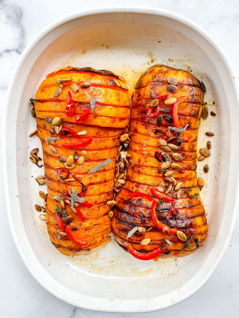 Hasselback Butternut Squash with Maple Sage Butter, Red Chile, Pumpkin Seeds (Vegan, Gluten Free) Hasselback Butternut Squash, Kathleen Ashmore, Pumpkin Seed Recipes, Sage Butter, Red Chile, Roasted Pumpkin Seeds, Delicious Thanksgiving, Roast Pumpkin, Thanksgiving Sides