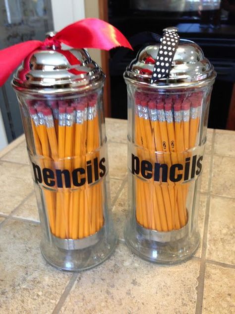 Teacher Appreciation Gift: For a pencil holder I used a vintage glass straw dispenser and Classroom Storage Solutions, Teaching Displays, Straw Dispenser, Teacher Crafts, A Bushel And A Peck, Bushel And A Peck, Classroom Hacks, Classroom Idea, Teaching Profession