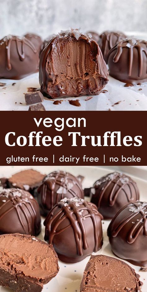 These vegan coffee chocolate truffles have a rich, creamy fudge filling made with coconut cream, dark chocolate and instant coffee. They're dipped in dark chocolate and topped with a pinch of flaked salt. This chocolate coffee truffles recipe is paleo, vegan and easily made keto. #vegandesserts #nobake #paleodiet #lowcarbdesserts #coffeetruffles Coffee Truffles Recipe, Coffee Truffles, Creamy Fudge, Vegan Truffles, Vegan Coffee, Vegan Baking Recipes, Truffles Recipe, Plant Based Desserts, Vegan Candies