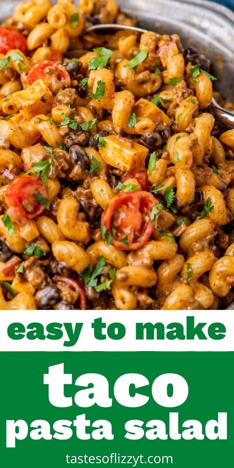 This taco pasta salad features a classic taco flavor combined with pasta, taco beef, beans, tomatoes and more. It can be served as a picnic side or a main dish. Easy Vegetarian Potluck Recipes, Taco Pasta Salad Recipes, Cold Taco Pasta Salad, Pasta Taco Salad, Picnic Sides, Pasta Taco, Tacos Salad, Picnic Salads, Main Dish Salad Recipes