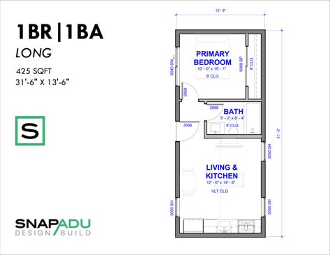 Tiny 1 Bedroom House Plans, One Bedroom Studio Apartment Floor Plans, Narrow Adu Floor Plan, 1 Bedroom Basement Apartment Floor Plan, Boys Quarters House Plan, Adu Plans One Bedroom, Inlaw Suite Addition Floor Plans, 12x30 House Plans, Small House 1 Bedroom