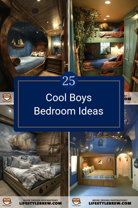 Transform your space with these 25 cool boys bedroom ideas. From fun color schemes to adventurous themes, we've curated a selection designed to inspire your next room makeover. Explore small details that make a significant impact, including unique bed designs, creative wall décor, and practical storage solutions. Perfect for big kids and young teens alike, these ideas will help you create a space that reflects their personalities while emphasizing comfort and style Woody Rooms Ideas, Boy Loft Bedroom Ideas, Boy Room Themes Kids, Tiny Boys Bedroom, Diy Boys Room Ideas, Hunting Boys Room, Boys Outdoor Theme Bedroom, Boys Bedroom Color Ideas, Fun Color Schemes