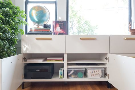 One Room Challenge Week 6 - IKEA Hack for Custom Office Storage — The Gold Hive Hidden Printer, Modern Office Storage, Office Drawers, Kitchen Built Ins, Hacks For Home, Printer Storage, Inspiring Office, Ikea Storage Cabinets, Diy Computer Desk