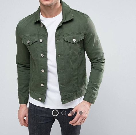 Olive Green Jacket Outfits, Olive Green Denim Jacket, Jean Jacket Outfits Men, Olive Denim Jacket, Jacket Outfit Men, Green Jacket Outfit, Coloured Denim Jacket, Green Pants Men, Green Denim Jacket