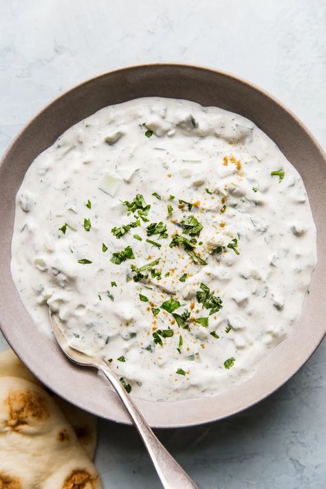 Indian Yogurt Dip, Indian Yogurt Sauce, Easy Raita Recipe, Cucumber Raita Recipe, Tzatziki Recipe, Cucumber Raita, Vegan Tzatziki, Tzatziki Recipes, Dill Dip