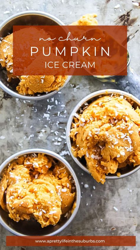 This No-Churn Coconut Pumpkin Ice Cream has all the flavours of pumpkin pie, but in a creamy no-churn ice cream! Only takes minutes to prepare before you freeze it. Easy and delicious. Pumpkin Spice Ice Cream, Pumpkin Ice Cream, Coconut Ice, Coconut Ice Cream, Pretty Life, No Churn Ice Cream, Frozen Desserts, Pumpkin Recipes, Pumpkin Pie