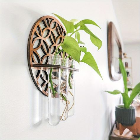 Boho-Chic Round Wooden Hollow Plant Shelf With Test Tube Vases - Wall Decor For Living Room, Bedroom, And Home Office https://share.temu.com/ZkzqXz0FnCA via @shoptemu Hanging Propagation Station, Hanging Propagation, Wall Terrarium, Plant Propagation Station, Planters For Indoor Plants, Plants Unique, Tiered Planter, Propagation Station, Hanging Plant Wall