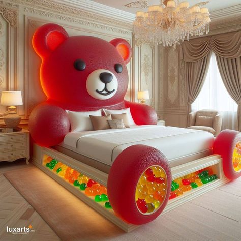 Gummy Bear Beds 🍬🐻🛏️ #GummyBearBeds #SweetDreams #WhimsicalSlumber Transform your bedroom into a candy wonderland with Gummy Bear Beds. Shaped like oversized gummy bears, these beds add a playful and whimsical touch to any sleep space. Elevate your nighttime routine with Gummy Bear Beds, where every sleep is a sweet adventure. 🌟🍬😴 https://luxarts.net/gummy-bear-beds/ Candy Themed Bedroom, Candy Wonderland, Cool Beds For Kids, Kids Bedroom Furniture Design, Vibrant Bedding, Creative Beds, Dream House Bedroom, Bear Bed, Sweet Home Design