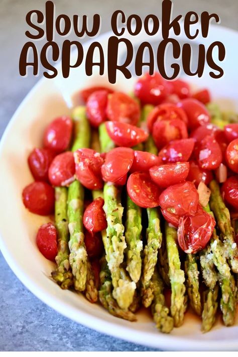 a platter of asparagus and a text overlay. Christmas Asparagus, Slow Cooker Asparagus, Asparagus Side Dishes, Easter Side Dishes Vegetables, Bacon Side Dishes, Asparagus Side, Asparagus Side Dish, Ways To Cook Asparagus, Easy Asparagus Recipes